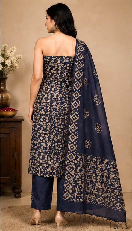 Image of STB-SILK TEXTILES BHAGALPUR Women's Cotton Silk Handcrafted Batik Print Unstitched Salwar Suit Dress Material With Duputta (Maroon)