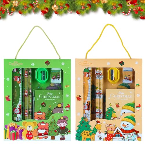 Juego de regalo de papelería de Navidad, juego de regalo de 12 piezas con goma de borrar, sacapuntas, regla, cuaderno, regalo de fiesta de Navidad, cumpleaños para niños (C)