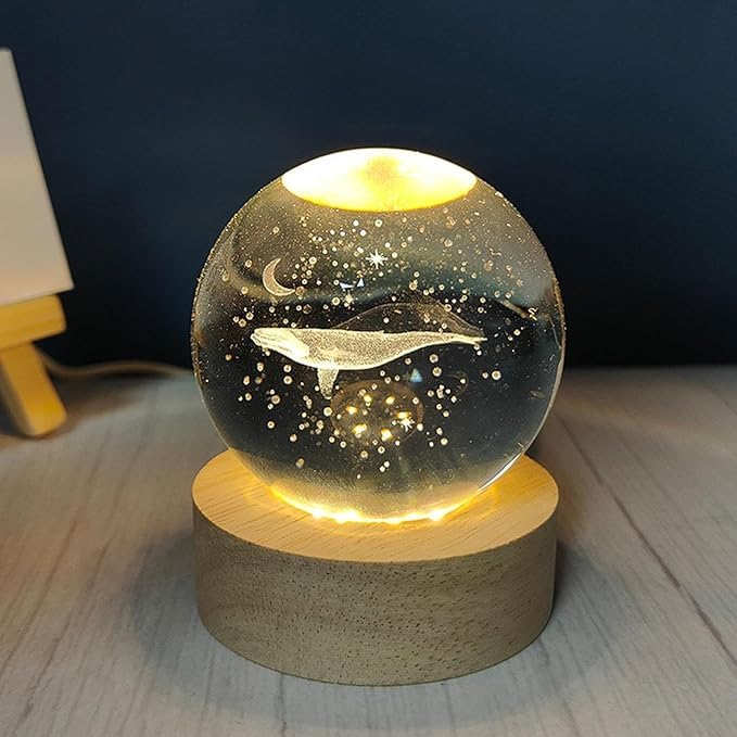 Desidiya Whale 3D Crystal Ball Night Light with Wooden Base - LED USB Table Lamp for Kids, Teens, and Home Decor