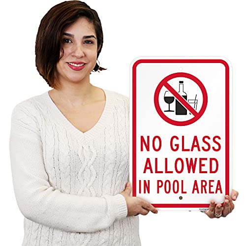 SmartSign 18 x 12 inch “No Glass Allowed In Pool Area” Metal Sign with Symbol, Screen Printed, 63 mil Laminated Rustproof Aluminum, Red, Black and White
