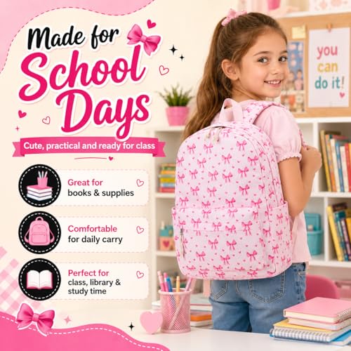 Image of LOIDOU Backpack for Girls School Backpacks Bookbags for Elementary Middle School Women Laptop Backpacks (Bow Tie Pink, L-17)