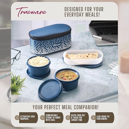 Image of Trueware Omaga Lunch Box with Insulated Fabric Jacket, 2 Microwave Safe & Leak Proof Inner Stainless Steel Containers 400ml Each & 1 Plastic Oval Chapati /Rice Container Tiffin for Office, College