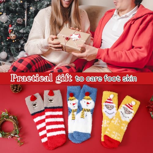 Image of Abeillo 3 Pairs Christmas Fluffy Socks for Women Girls - Soft Cozy Slipper Socks, Winter Warm Home Sleeping Socks, Mid-Calf Coral Fleece, Don't Shed Lint, Size 4-9