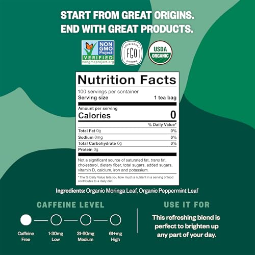 Image of FGO Organic Moringa Mint Tea, 100 Count, Eco-Conscious Herbal Tea Bags, Resealable Bag, Caffeine Free, Packaging May Vary (Pack of 1)
