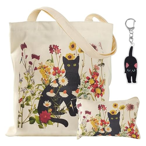 ZXTGBQ Bolsa de Lona y Pequeña Bolsa de Cosméticos Diseño de Gatos y Libros Bolso de Compras Reutilizable para El Día a Día Oficina Viaje Escolar y Compras