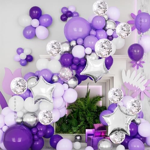 Image of Purple White Silver Balloon Arch Kit, 63 pcs Purple White Silver Balloons Garland Kit for Birthday Wedding Anniversary Valentine Welcome Girl Party Decoration (Garland)