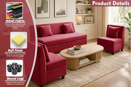 Image of 3+1+1 Modern Velvet Fabric Sofa Set for Living Room | Three Seater Sofa with 2 Single Seater Chairs | for Home, Office| Red