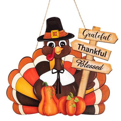 Thanksgiving Decoration Wooden Turkey Pumpkin Door Wreath for Front Door Sign Wall Signs Thankful Blessed Grateful Pumpkin Sign Hanging for Fall Autumn Harvest Home Halloween Decoration