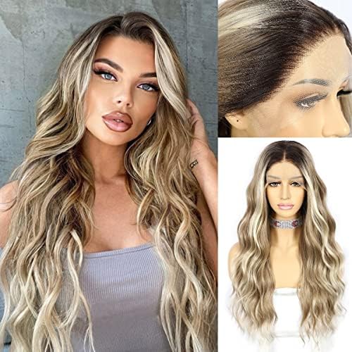 Light Blonde Balayage Synthetic Lace Front Wigs for Women 13x3 Pre Plucked Glueless Ombre Long Wavy Brown Wig Highlight Balayage Color Japanese Fiber Heat Resistant ash Blonde Wig 24 Inches