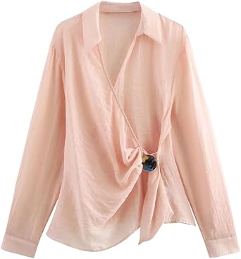 Hdhdeueh Womens Lapel Long Sleeve Shirts Belt Buckle Waist White Pink Loose Fit Design Sense Blouses