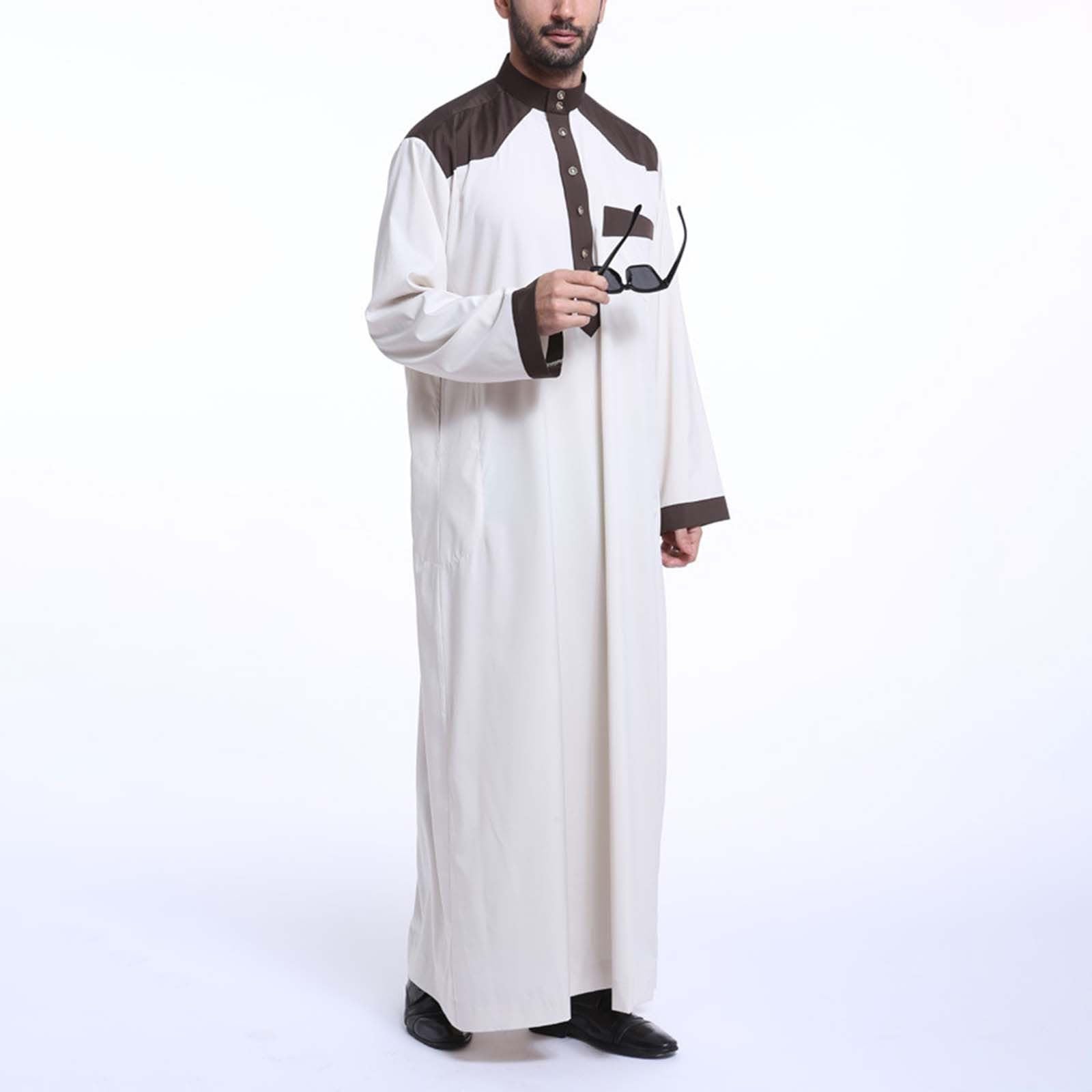 Męski muzułmański Thobe Jubba Kaftan, islamski szlafrok z długim rękawem z kontrastowym kołnierzem i kieszenią, tradycyjna arabska odzież modlitewna na meczet Eid Ramadan