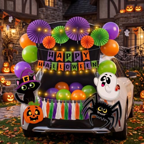 Image of JOYIN Halloween Trunk or Treat Car Decorations Kit with Happy Themed Design, Garage Archway Decor with Banner, Paper Fans, Balloons, Tassel and Pumpkin Stickers