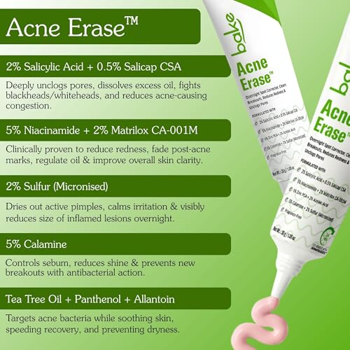 Image of BAKE Acne Spot Treatment Serum Gel with 2% Sulfur, 2% Salicylic Acid + 0.5% Salicap CSA for Pimples & Breakouts | 5% Niacinamide + 2% Azealic Acid | Clears Blackheads, Whiteheads & Clogged Pores | Reduces Redness & Excess Oil | Overnight Acne Corrector - 30g