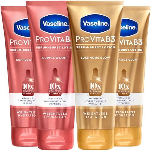 Vaseline Lotion, Pro VitaB3 Serum-Boost, Luminous Glow + Supple & Soft Variety 4-Pack – Weightless Hydration with Niacinamide and Hyaluronic Acid, 7.5 Oz Ea