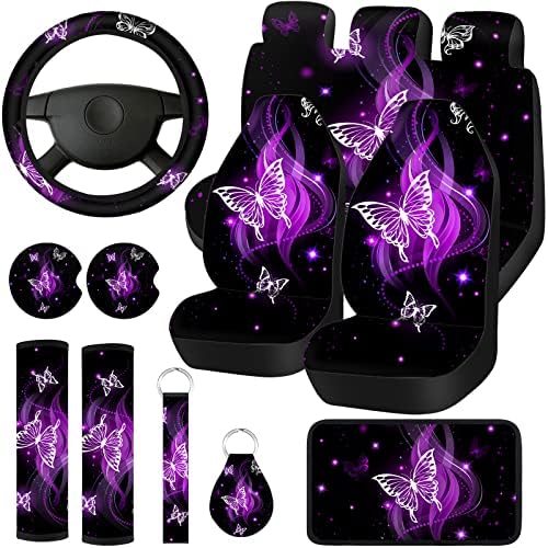 15 Pcs Butterfly Car Seat Covers Full Set Butterfly Car Seat Covers for Car Front Rear Seat Covers Steering Wheel Cover Wrist Strap Coasters Armrest Pad Shoulder Pads (Purple Glitter Butterfly Style)