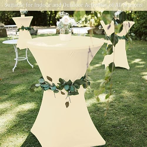 Image of 4 Pack 32x43 Inch Cocktail Table Cover Spandex Stretch Square Corners Tablecloth, Beige Cocktail Round Table Cloth, Fitted High Top Table for Bar, Weddings, Birthday, Banquet, Party (Beige)