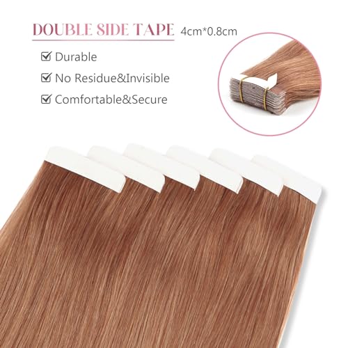Image of Sixstarhair Medium Auburn Tape in Hair Extensions Remy Human Hair Copper Tape in Hair Extensions with Double Sided Tape [Color 30 Medium Auburn 12inch]