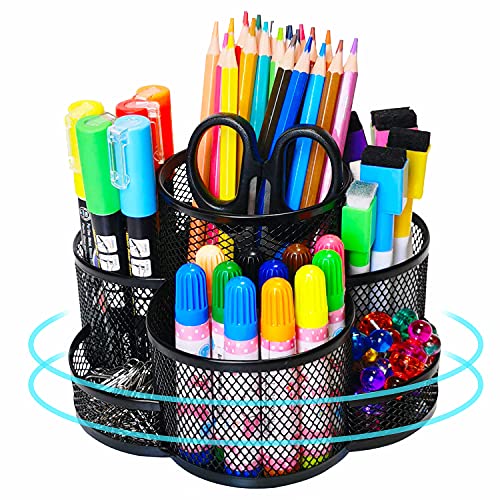 Pen Holder for Desk, 360-degree Rotating Desk Organizers with 7 Compartments â€“Storage 400+ Pencils, Black Desk Accessories & Workspace Organizer Mesh Desktop Caddy for Office School & Art Supplies