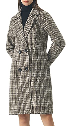 Image of chouyatou Women Elegant Notched Collar Double Breasted Wool Blend Over Coat (X-Large, Khaki-Plaid)