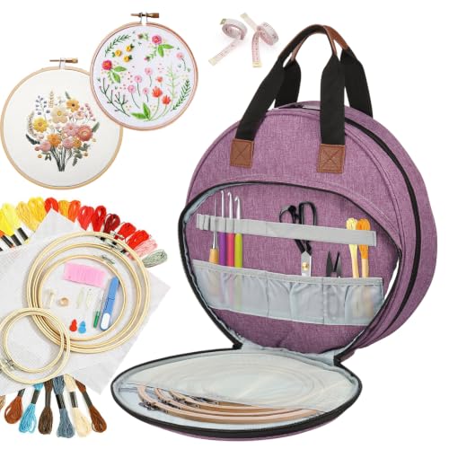 Image of Embroidery Project Bag, Embroidery Supplies Storage Carrying Tote Case with Multiple Pockets and Handle, Cross Stitch Bag, Double Layer Round Embroiderys Project Bags for Floss Hoops Thread (Purple)