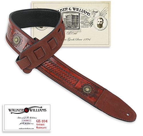 Walker & Williams Ge-104 antique en bois d’acajou estampée Sangle rembourrée avec Laiton Conchos - Les Beatles, Paul McCartney, John Lennon, RIngo Starr, George Harrison Walker & Williams Ge-104 antique en bois d'acajou estampée Sangle rembourrée avec Laiton Conchos