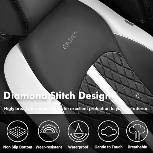 Image of Coverado Universal Leather Seat Covers Full Set for 5 Seats - Waterproof, Durable All-Weather Protector for SUV, Pickup Truck, Sedan, White&Black