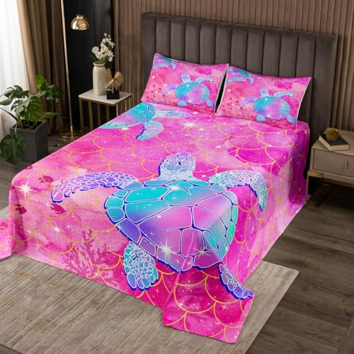 Girly Pink Quilt Set King Size,Sea Turtle Coastal Animals Lightweight Coverlet Bedspread,Luxury Scale Printed Bed Cover Set,Glitter Galaxy Sky Bedspread 3 Piece (1 Quilt,2 Pillow Shams)