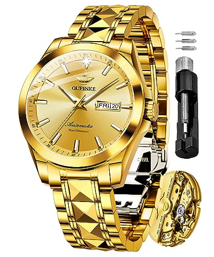 OUPINKE Mens Gold Diamond Watches Luxury Dress Automatic Mechanical Self Winding Tungsten Steel Waterproof Mens Wrist Watch Dual Date