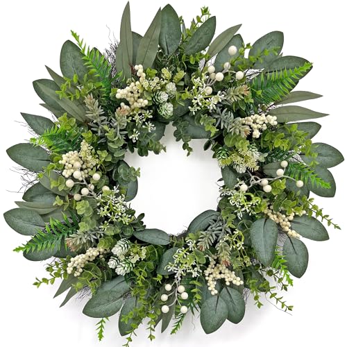 24 Inch Greenery Wreaths for Front Door Artificial Eucalyptus Wreath with White Berries and Mixed Green Leaves Year-Round Farmhouse Indoor Outdoor Door Wreath for Spring Summer Home Decor