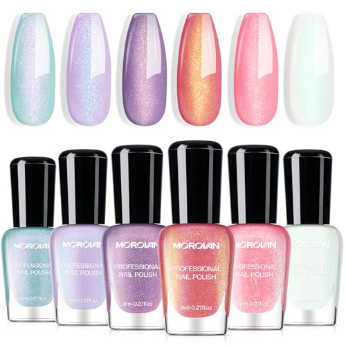 Morovan Pearl Nail Polish Set: Aurora Ombre Shimmer Iridescent Mermaid Spring Pastel Fingernail Polish Kit Blue Purple Pink Glitter Sparkle Quick Dry Nail Art Design Gift for Women Girls
