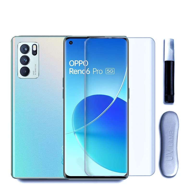 Image of Oppo Reno 6 Pro Cellphone Tempered Glass Full Adhesive Uv Glue Curved Edge To Edge Case Advanced Border-Less Full Uv Screen Protector And Easy Installation Kit.