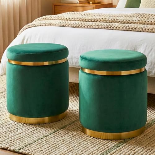 Image of Decorative Ottoman Pouffes for Sitting - Two-Piece Set of Puffy Stools and Footstools - Round Ottoman Stool for Living Room Furniture (Green)
