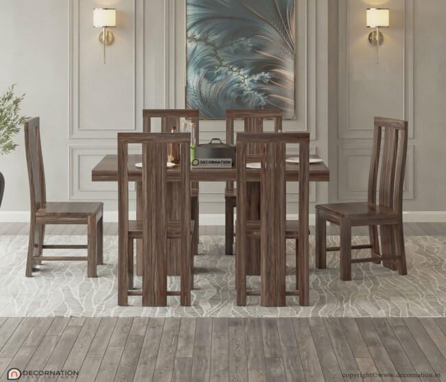 Image of DecorNation Nyla Solid Wooden 6 Seater Dining Table Set with Chairs | Large Rectangular Dining Table | Cushioned Ergonomic Backrest Chairs | Modern Dining Furniture for Home