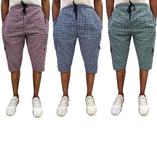 Men's Cotton Checkered Printed 3/4 Capri, Shorts, Multicolor Pack-of -3-picture-37