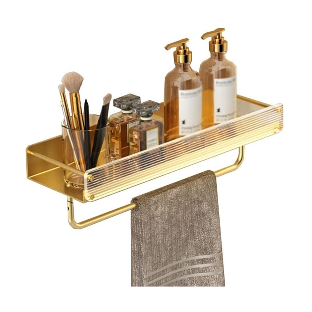 ZwXy2V Bathroom Shelf Gold Shower Caddy with Towel Bar Wall Mounted Aluminum Bathroom Shelves with Acrylic Front Fences
