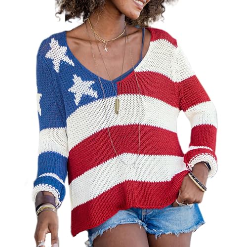 Image of Women American Flag Sweater Loose Vintage USA Sweatshirt Long Sleeve Crewneck Hollow Out 4th of July Jumper