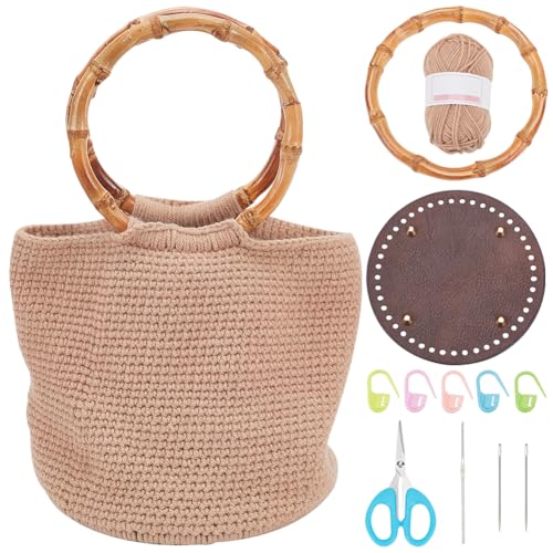 FREEBLOSS DIY Bamboo Handle Handbag Crochet Kit Crochet Bag Kit Including All Crochet Accessories Crochet Starter Kit for Beginners Crochet Yarn Crochet Hook Crochet Gift