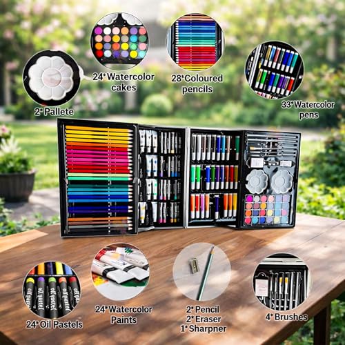 Image of WISHKEY 145 Pieces Art Set for Kids with Space Theme Storage Case, Art and Craft Supplies Kit for Drawing and Painting with Oil Pastel, Water Color, Color Pencils, Sketch Pen (Pack of 1, Blue)