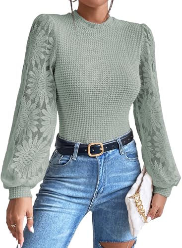 Image of BLENCOT Womens Casual Crochet Top Mesh Lace Long Sleeve Shirts Waffle Knit Blouse Crewneck Shirt Fall Womens Tops Pullover