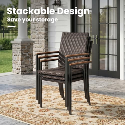 Image of VICLLAX Round Outdoor Table and Chairs, 9 Pieces Patio Dining Set of Metal Patio Table with Storage Shelf and 8 Wicker Patio Stackable Chairs for Porch Yard Garden, Black Tabletop