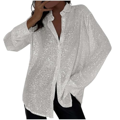 Womens Sequin Shirts Button Down Blouse Sparkly Evening Party Tops Long Sleeve Glitter Shirt Loose Fit Tees Clubwear, Haut Paillette Femme, Top De Lentejuelas Para Mujer White