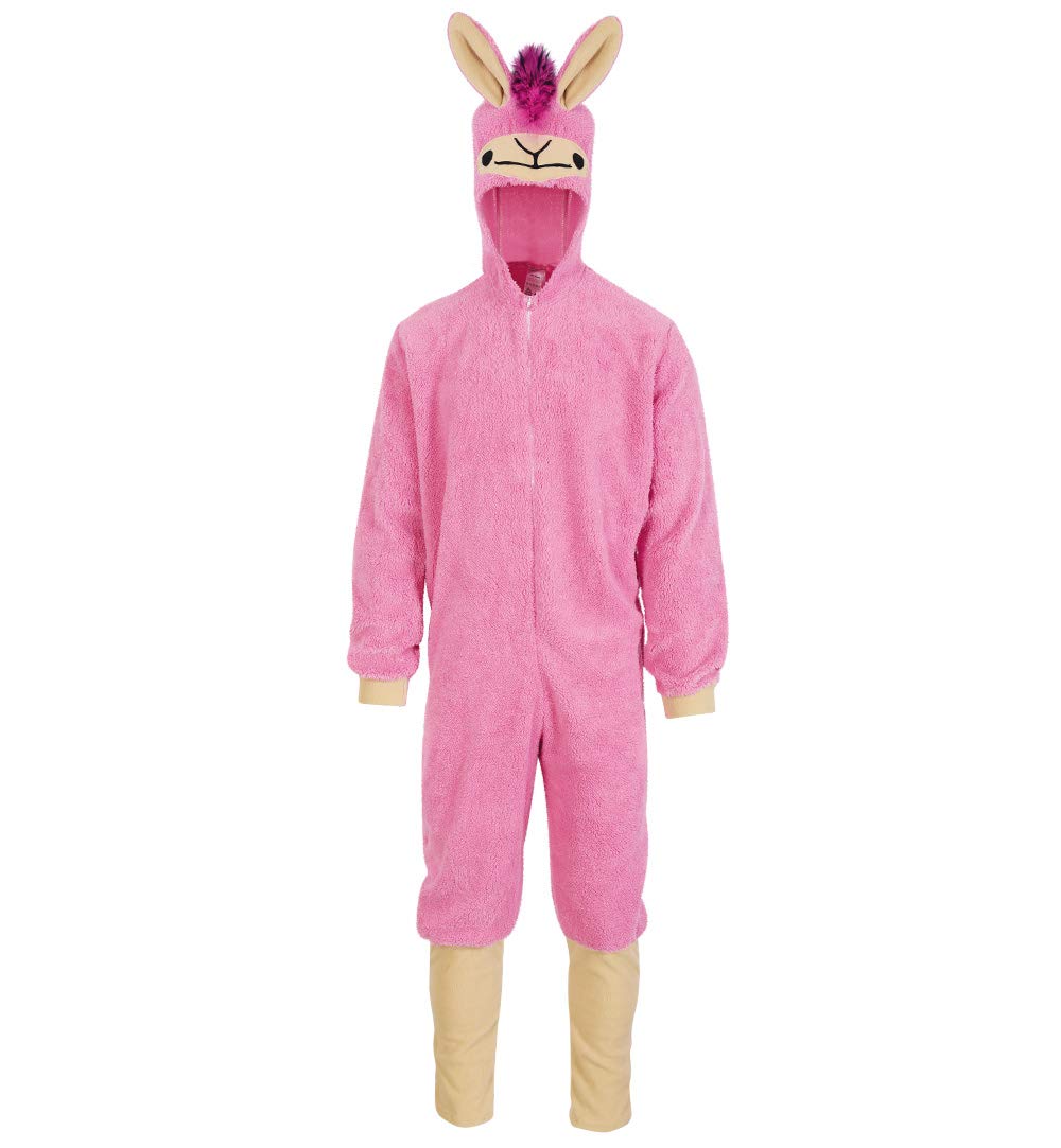 KarnevalsTeufel.de Kostüm Lama für Erwachsene lustiges Tierkostüm in pink Plüsch-Overall mit Kapuze