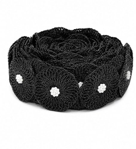 Image of Balar Creation Diamond Stone Moti Work Black Lace Zari Border (6 cm Wide, 9 Meter Roll) - Embroidery Cutwork Trim Ribbon for Saree, Blouse, Lehenga, Dupatta, and Sewing Crafts (Black)