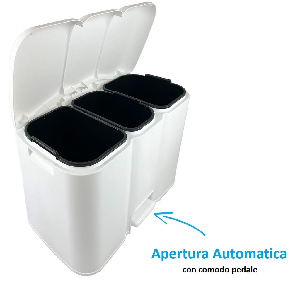 PALUPLUS Pattumiera a 3 Scomparti colore Bianco per Raccolta Differenziata, misura 59x32x42 cm e Capacità 34 Litri, Secchio per Spazzatura con Pedale per Apertura Automatica -1921C