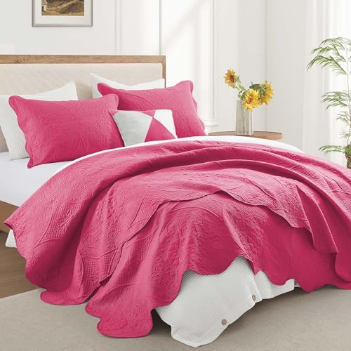 IR Imperial Rooms Queen Quilt Bedding Set Size (90" x 96") + 2 Pillow Shams (20" x 26"+ 2") - 3 Pcs All Season Lightweight Reversible Microfiber Coverlet Floral Embossed Quilt Bedspread (Pink)