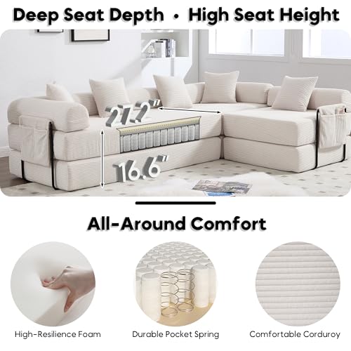 Image of L-Shape Modular Sectional Sofa Bed, Corduroy Boneless Couch, Beige White