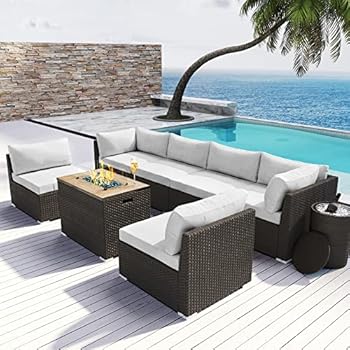 Alternative view of MODENZI Patio Furniture Outdoor Sectional with Propane Fire Pit Table and Ice Wine Bucket Espresso Brown Wicker Resin Sofa Set (White with Ice Bucket)