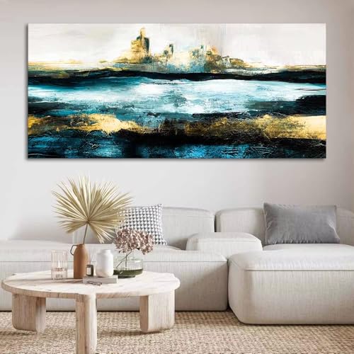 Toile paysage abstrait bleu et or 80x160cm grand format moderne salon