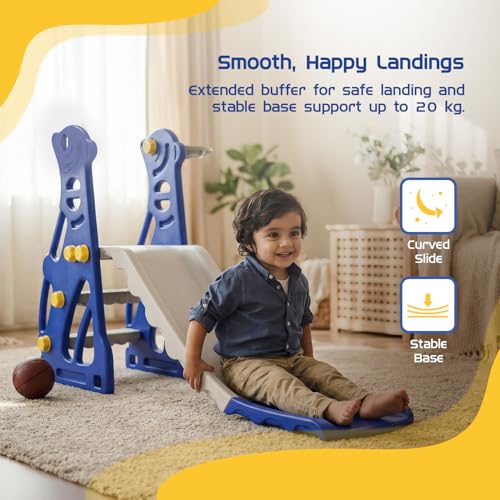 Image of Amazon Brand - Solimo Penguin Slide for Kids 2-5 Years | Indoor & Outdoor | Basketball Hoop & Ball | Anti-Slip Steps | Wide Platform | Max Load 20kg | Blue & White