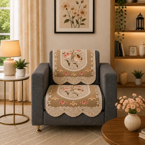 Image of STITCHNEST Florenza Beige 10 Piece Cotton Net Sofa Slip Cover |5 Seater